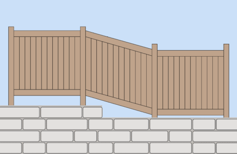 Illustration of a wood fence on a slope on a retaining wall