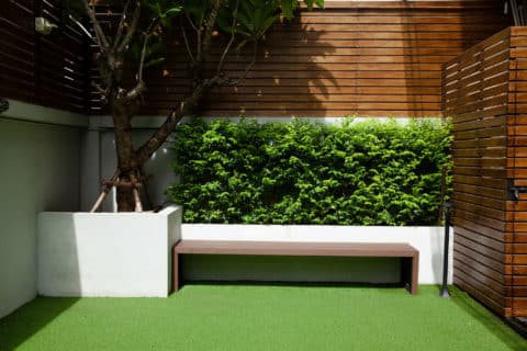 Outdoor green grass artificial garden with long wooden bench wooden wall, backyard patio