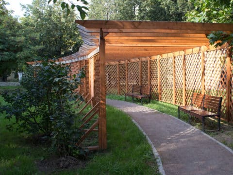 Garden wooden pergola over a cement walkway with lattice panels on both sides and wood benches inside