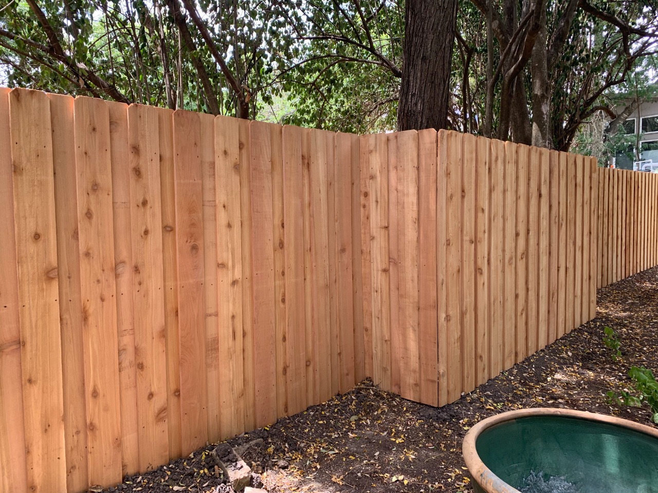 Six foot board on board privacy fence built around existing tree