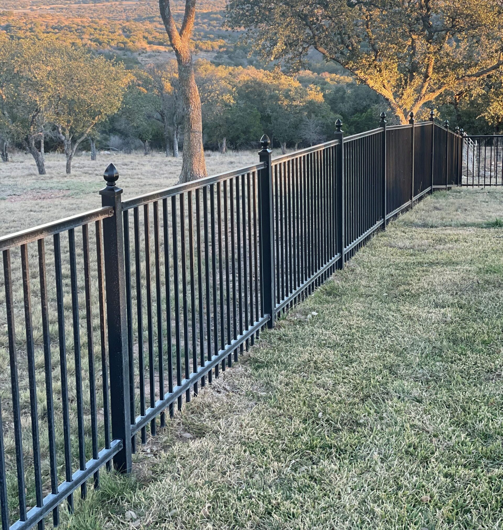 Black iron fence with acorn finials around the ranch