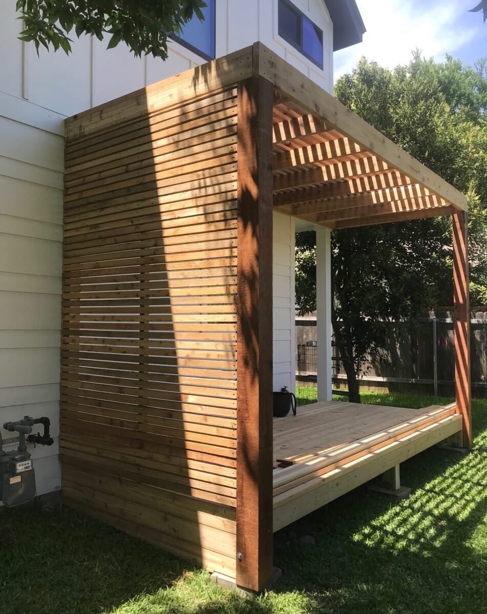 Cedar deck and pergola with shade arbor and custom privacy screen with 2x2s